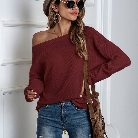 burgundy oversized off shoulder waffle knit top - Picture 8 of 15
